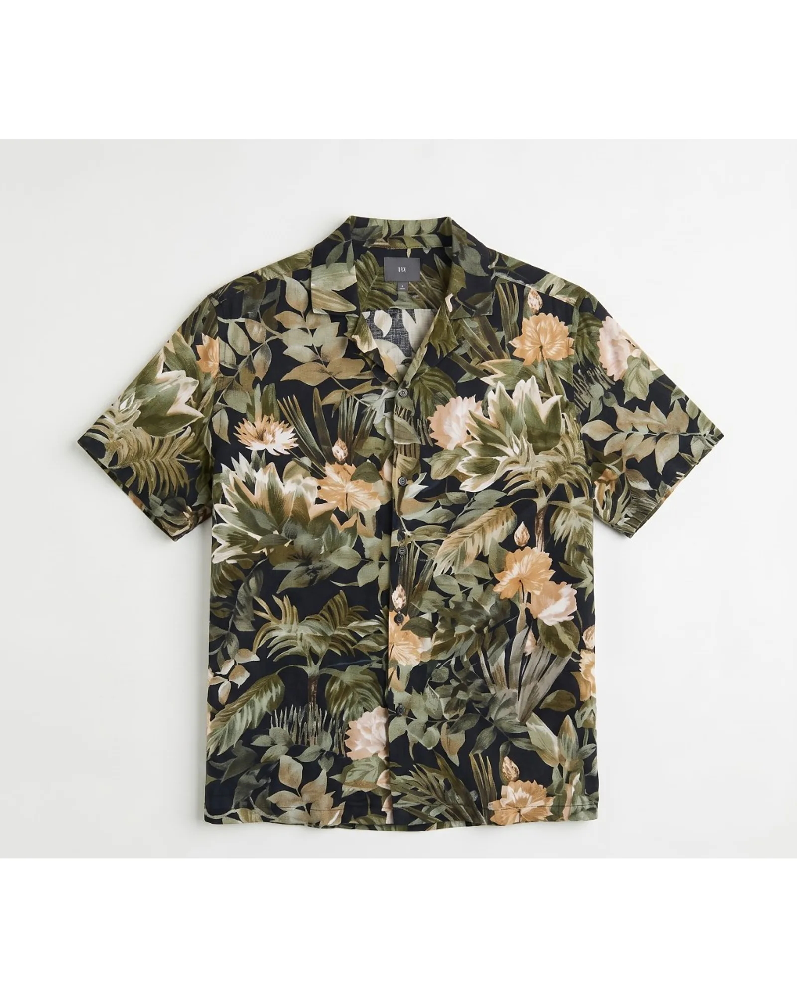 H&M חולצת קולר פתוח, הדפס טרופי בגוון זית, מבט קדמי